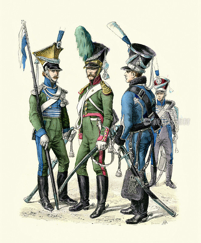 Military uniforms of Bavarian Soldiers early 19th Century, Uhlan cavalry officer, Chevau-léger light cavalry, Hussar